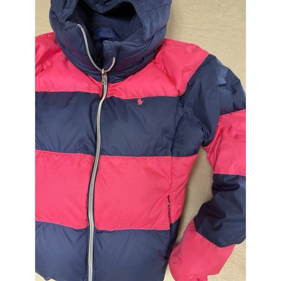 Ralph Lauren Jacket Girls Large  12-14 Pink  Blue Down Stripe Puffer Hooded Coat - Picture 3 of 9